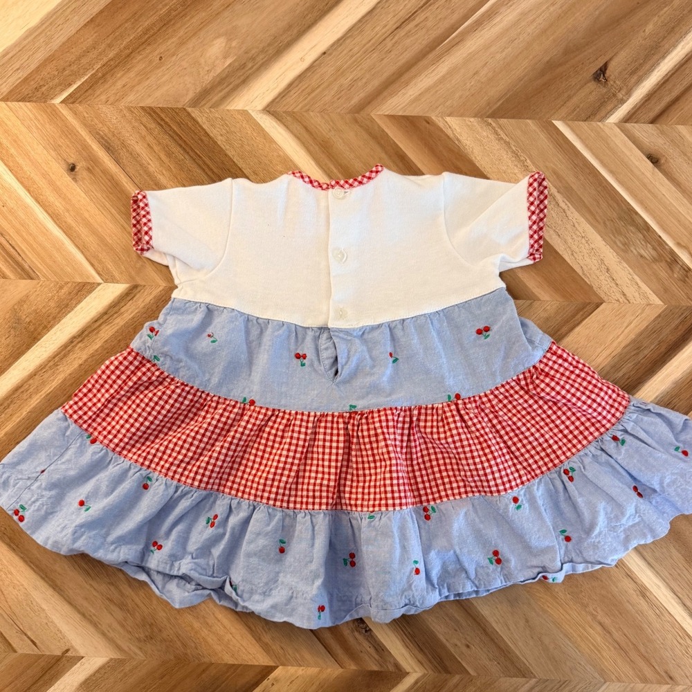 VTG Baby Girls Cherry Ruffle Tiered Dress White Blue/Red Gingham Summer 6 Month - Picture 2 of 5